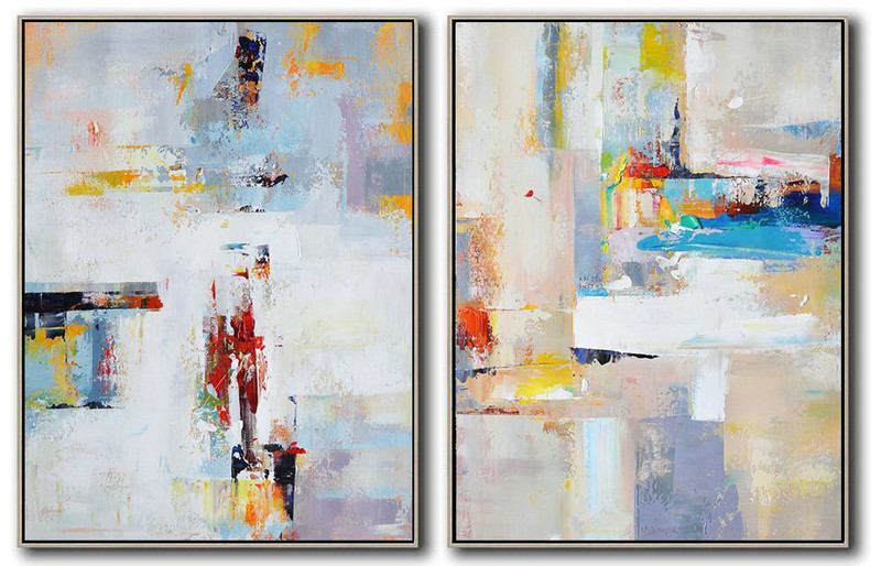 Handmade Large Painting,Set Of 2 Contemporary Art On Canvas,Unique Canvas Art,White,Purple,Red,Grey,Yellow.etc